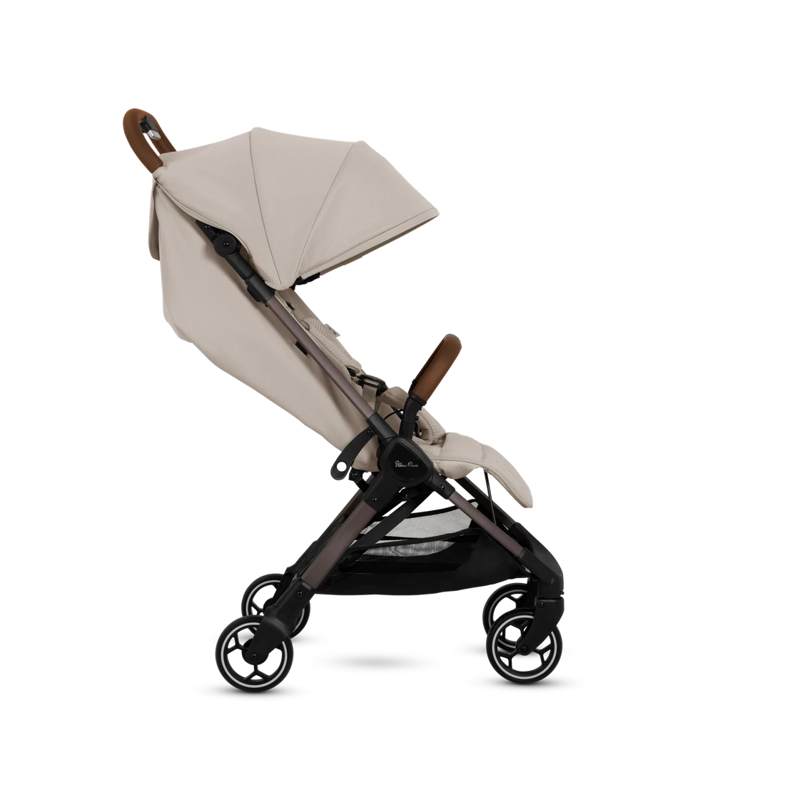 Silver Cross Clic Compact Lightweight Stroller in Latte — reclined seat side view