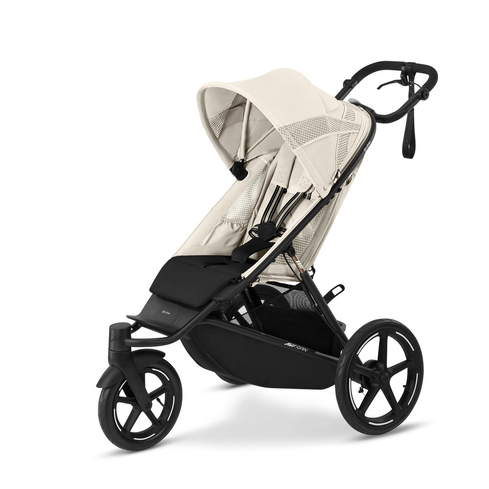 Close-up of the Cybex Avi Spin All Terrain Stroller beige with black frame and large wheels, built for off-road pushes.