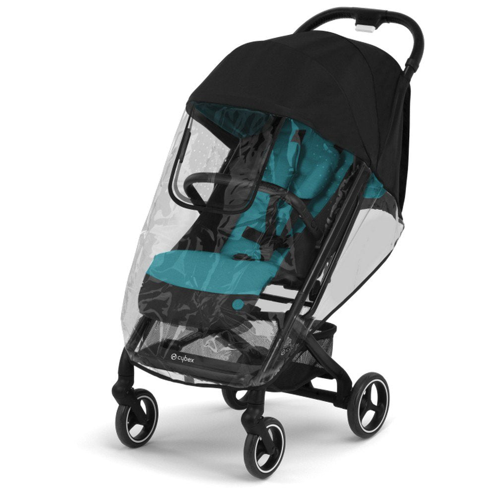 Close-up of the Cybex Beezy/Libelle Raincover with teal interior, black frame and wheels.