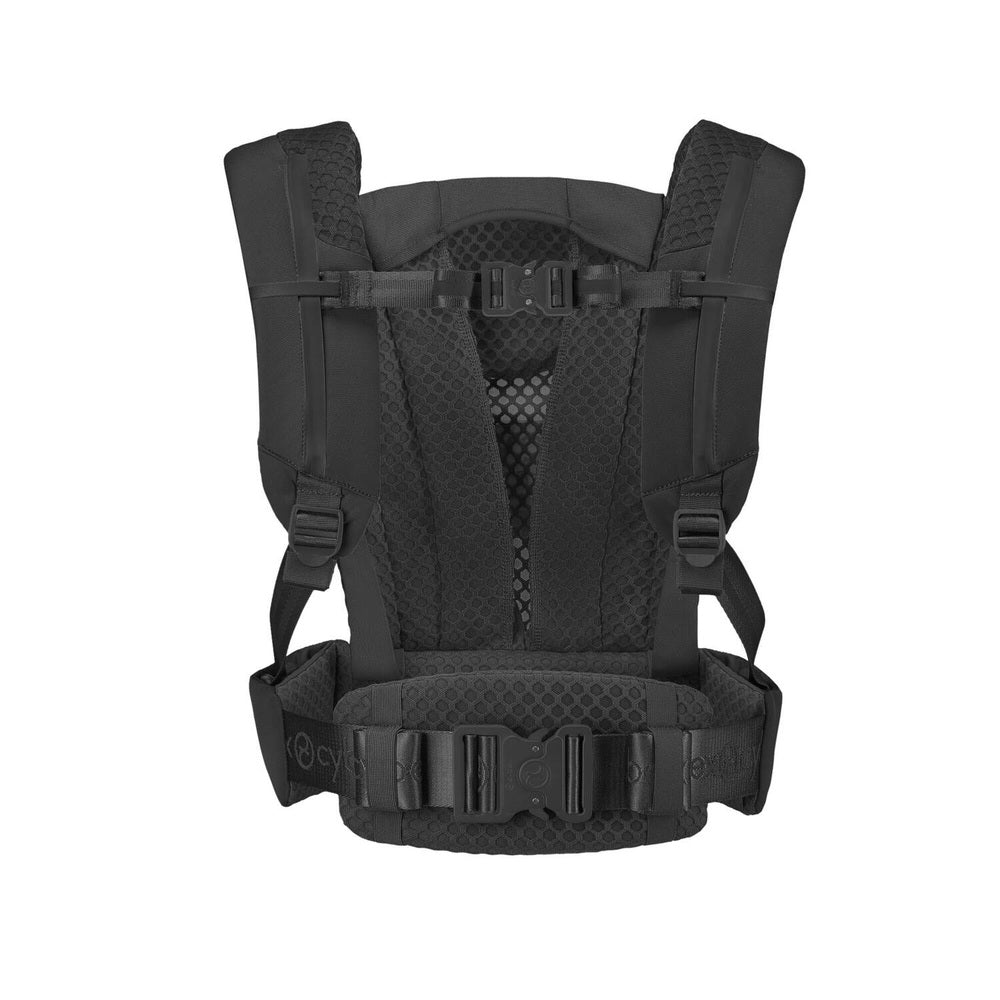 Close-up of the Cybex Coya Carrier black baby carrier with breathable mesh back panel and padded shoulder straps.