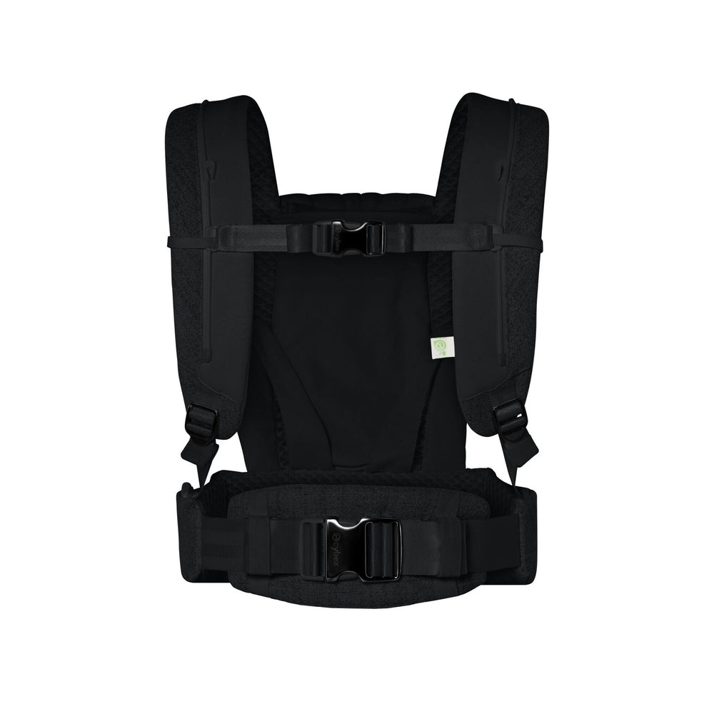 Close-up of the Cybex Coya Carrier Boucle black boucle cybex baby carrier back view with padded shoulder straps and wide waist belt.