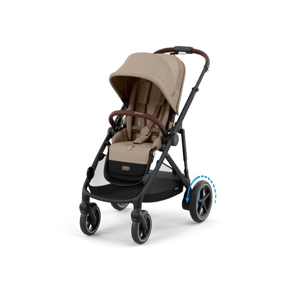 Close-up of the Cybex E-Gazelle S Stroller in beige with brown accents, rear wheel swivels for easy turns.