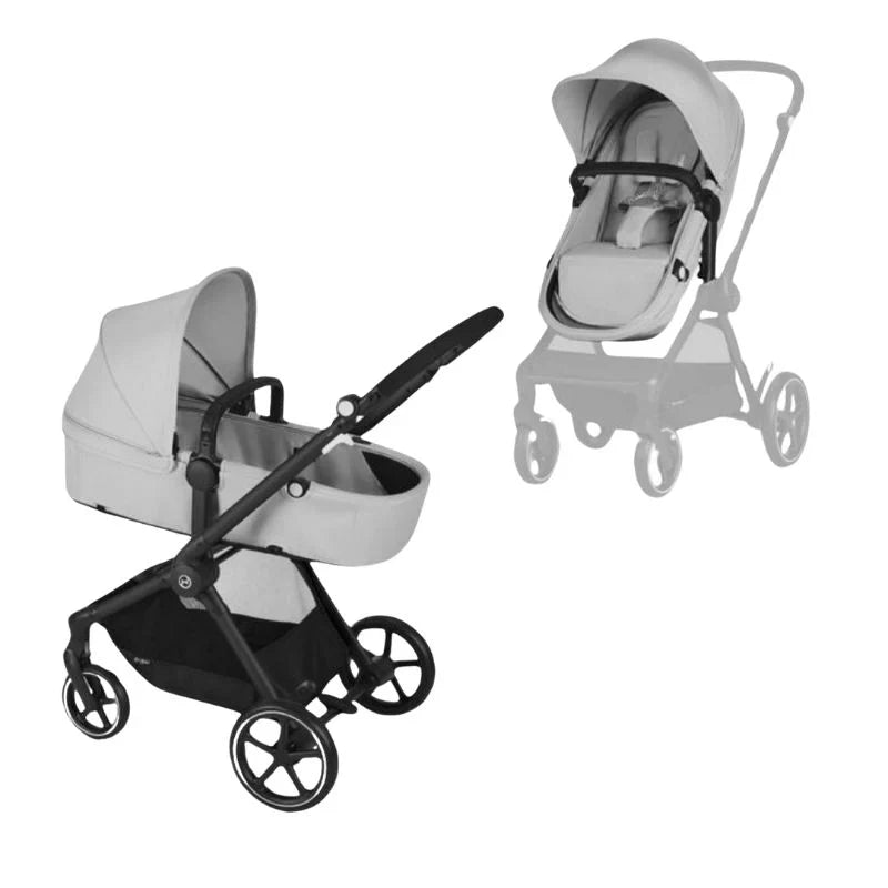 Close-up of the Cybex EOS 2-in-1 Stroller Black Frame with bassinet and separate canopy seat, four-wheel chassis.