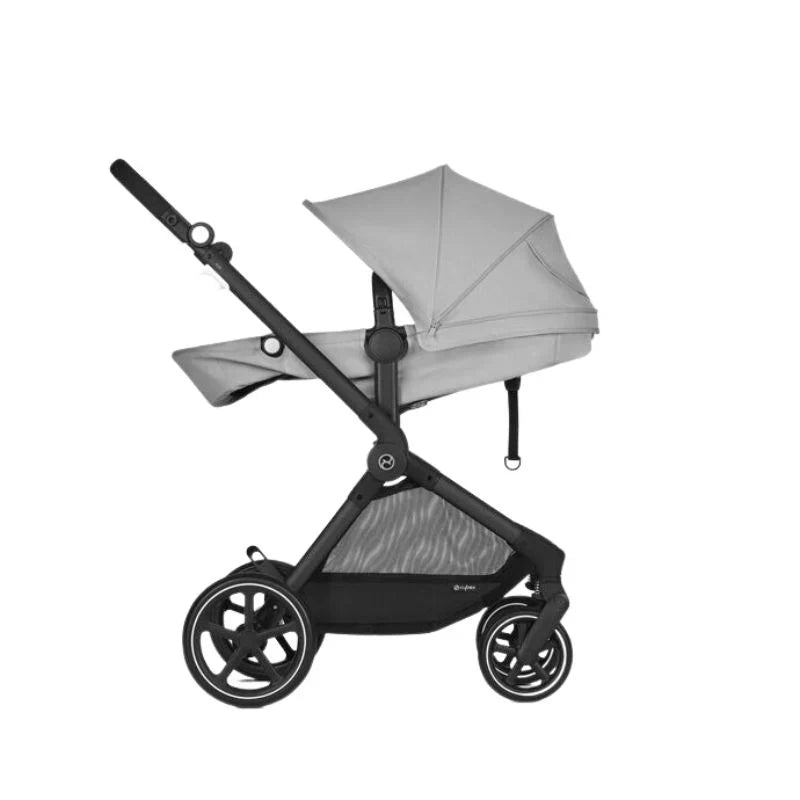 Close-up of the Cybex EOS 2-in-1 Stroller Black Frame with gray bassinet, canopy raised, four-wheel system.