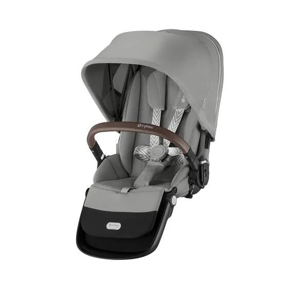 Close-up of the Cybex Gazelle S V2 Toddle Seat grey cybex gazelle s v2 stroller with brown leatherette handlebar, large canopy, and padded seat.