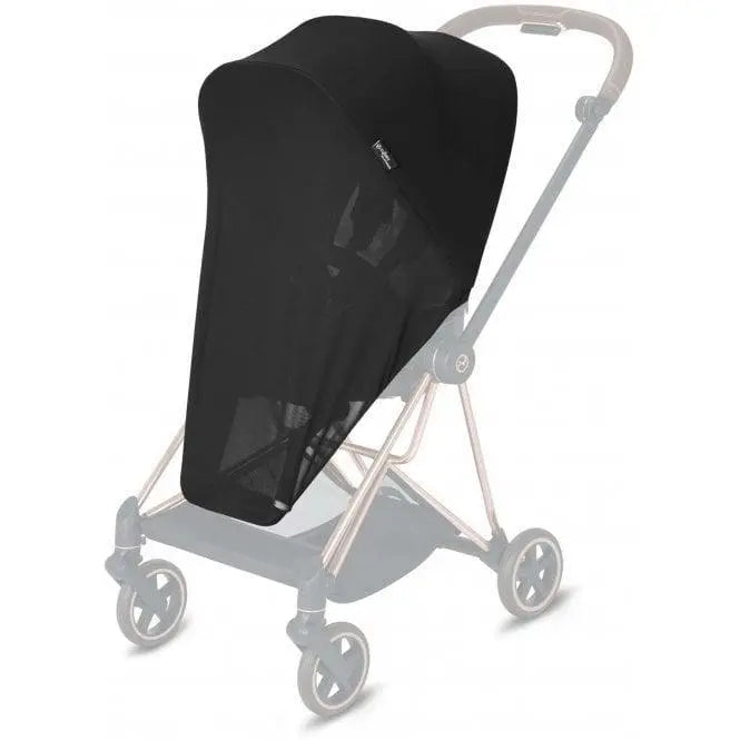 Close-up of the Cybex Insect Net Lux Seat for stroller, black mesh shield draped over the seat during a stroll.