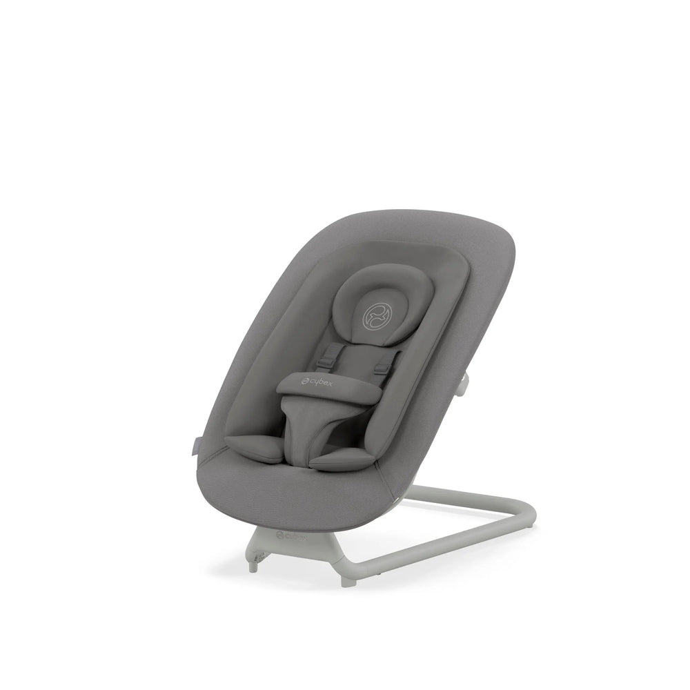 Close-up of the Cybex Lemo 2 Bouncer in grey fabric with a sturdy white frame and padded seat with a secure harness.