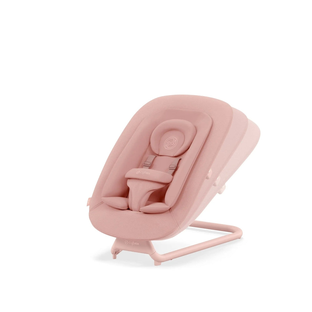 Close-up of the Cybex Lemo 2 Bouncer in soft pink fabric with 5-point harness, shown on a curved rocking stand.