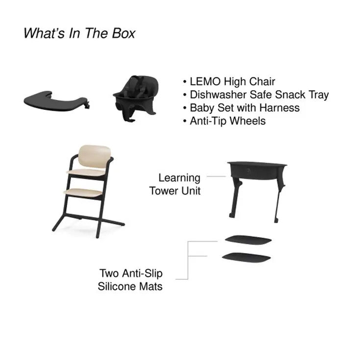 Close-up of the Cybex Lemo 3-In-1 High Chair + Training Tower Set Sand Black and training tower set, sand black; snack tray, harness, anti-tip wheels.