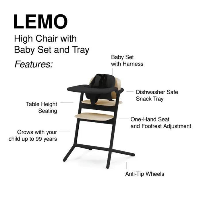Close-up of the Cybex Lemo 3-In-1 High Chair + Training Tower Set Sand Black with baby set, snack tray and anti-tip wheels in sand black.