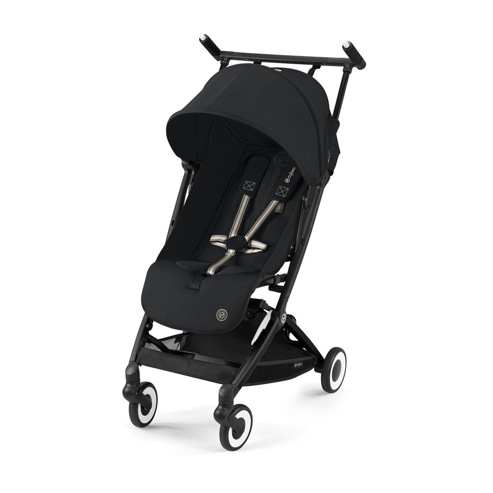 Close-up of the Cybex Libelle 2 Stroller in black with a lightweight frame, extended canopy, and four wheels ready for a stroll.