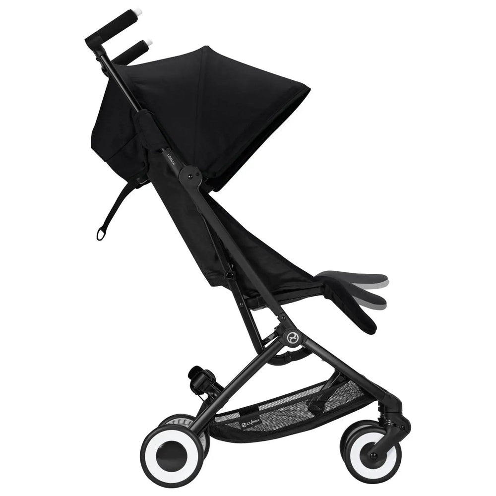 Close-up of the Cybex Libelle Stroller black with extended canopy, showing its compact four-wheel frame built for on-the-go use.