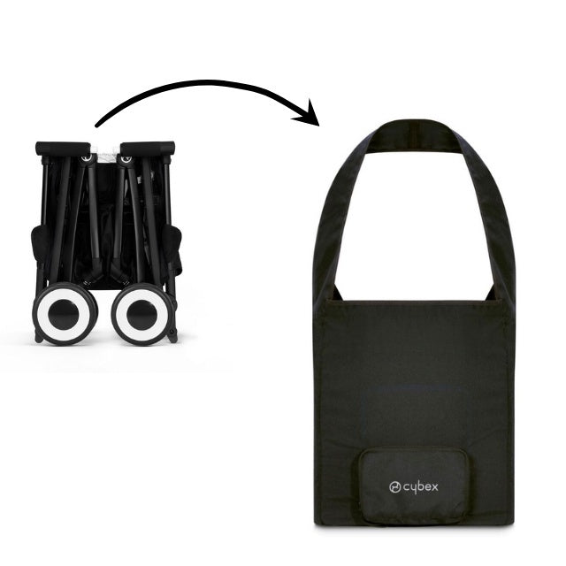 Close-up of the Cybex Libelle Travel Bag black with carrying handle; shown with folded cybex stroller (2 items).