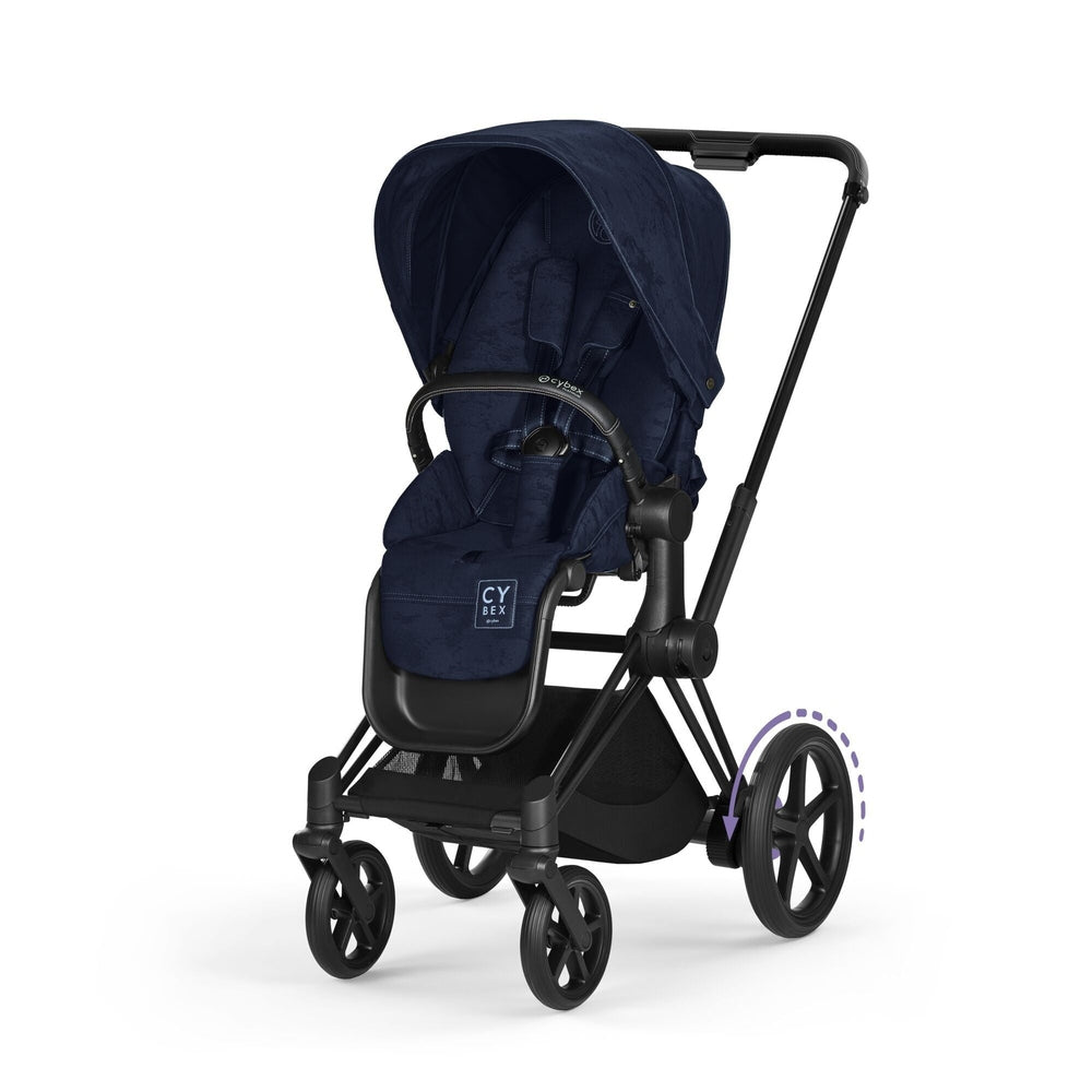 Close-up of the Cybex Platinum e-Priam 4 Stroller Limited Edition - Rebellious Luxury Denim Blue shown from image 1 of 11 with visible canopy, handleb.