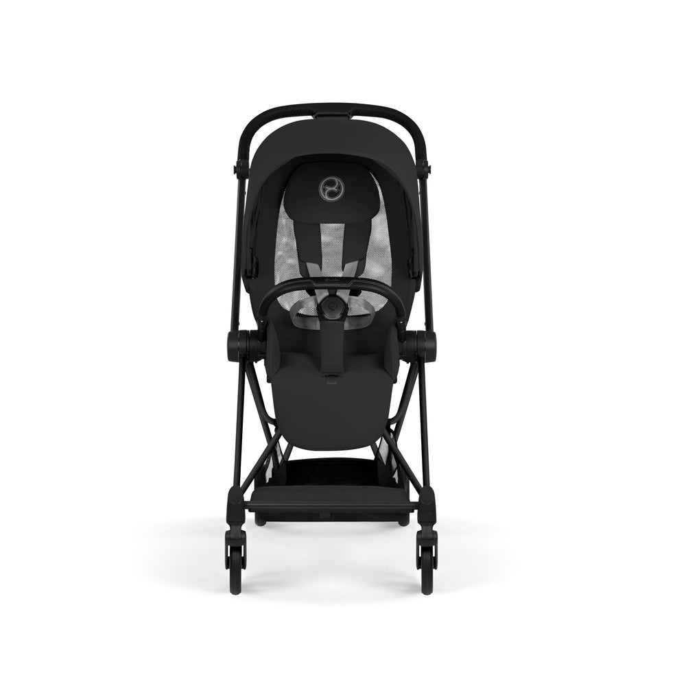 Cybex Platinum Mios 5 Matte Black frame with Sepia Black Lux Seat — front view with harness