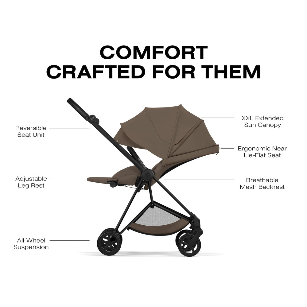 Cybex Platinum Mios 5 Matte Black frame with Coconut Brown Lux Seat — seat comfort feature overview