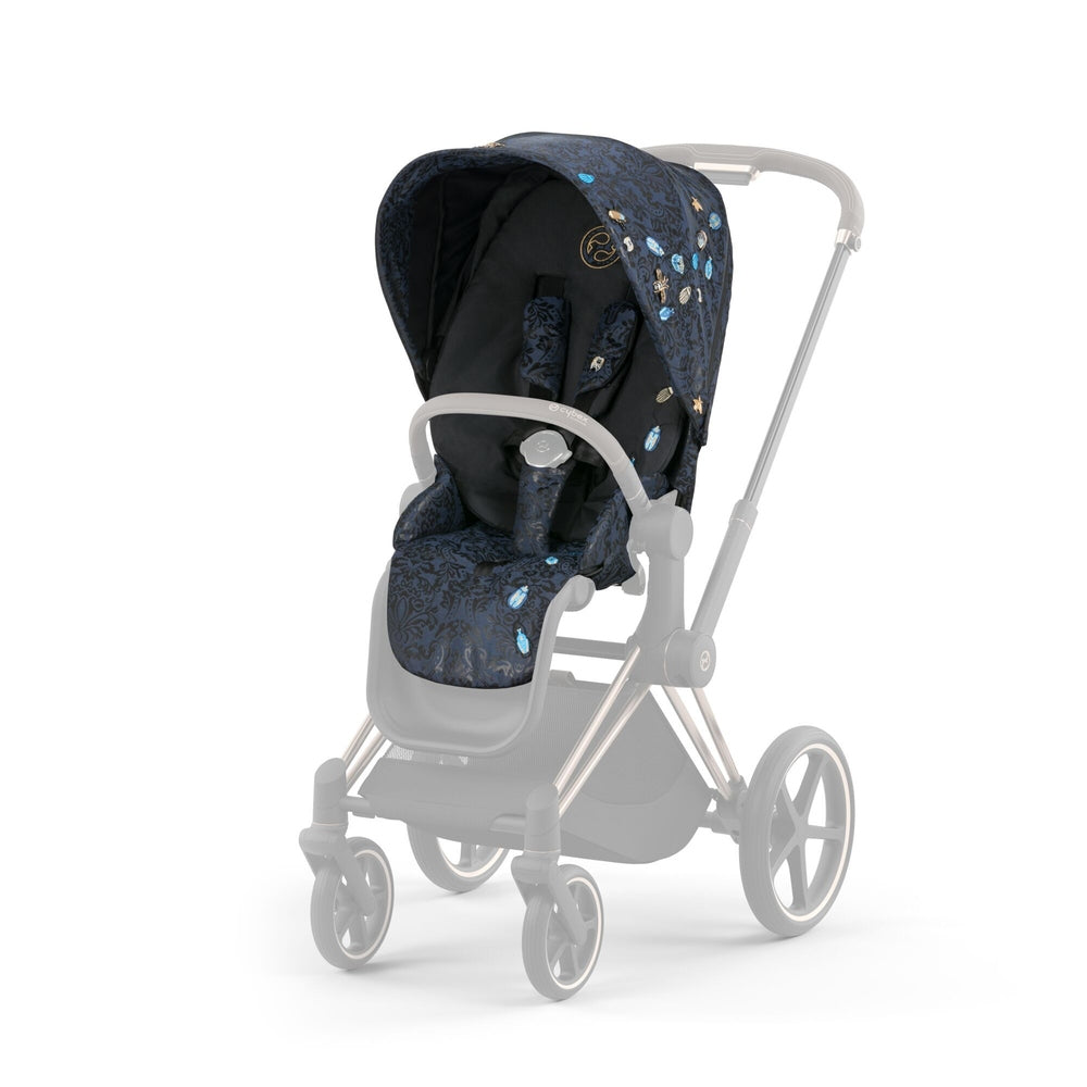 Close-up of the Cybex Priam4/Ep Seat Pack Limited Edition stroller in dark blue damask fabric with gray frame and extended canopy.