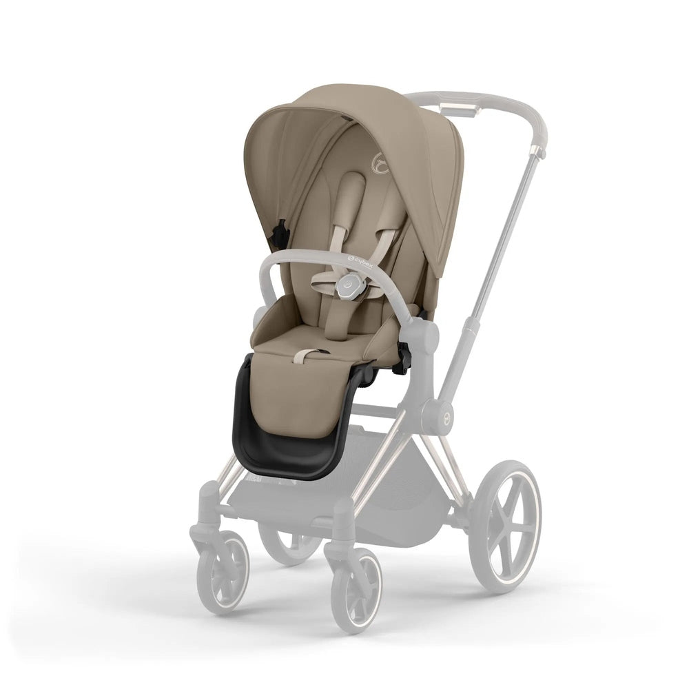 Close-up of the Cybex Priam4/Ep Seat Pack stroller in beige with gray frame and canopy, four-wheel chassis visible.