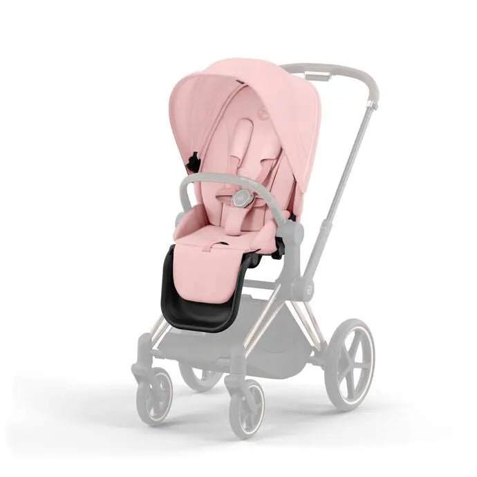 Close-up of the Cybex Priam4/Ep Seat Pack stroller in pink with extended canopy, gray frame, and buckle-fastened seat.