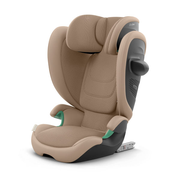 Close-up of the Cybex Solution G2 Booster Seat in tan beige fabric with padded headrest and side wings.