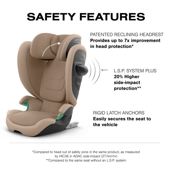 Close-up of the Cybex Solution G2 Booster Seat in tan beige with reclinable headrest and l.s.p. system.