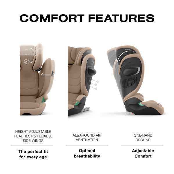 Close-up of the Cybex Solution G2 Booster Seat with height-adjustable headrest, all-around ventilation, and one-hand recline.