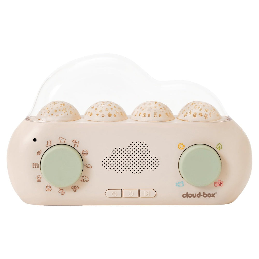 Cloud B Cloud Box soothing story teller with projections; cream body and mint green knobs.