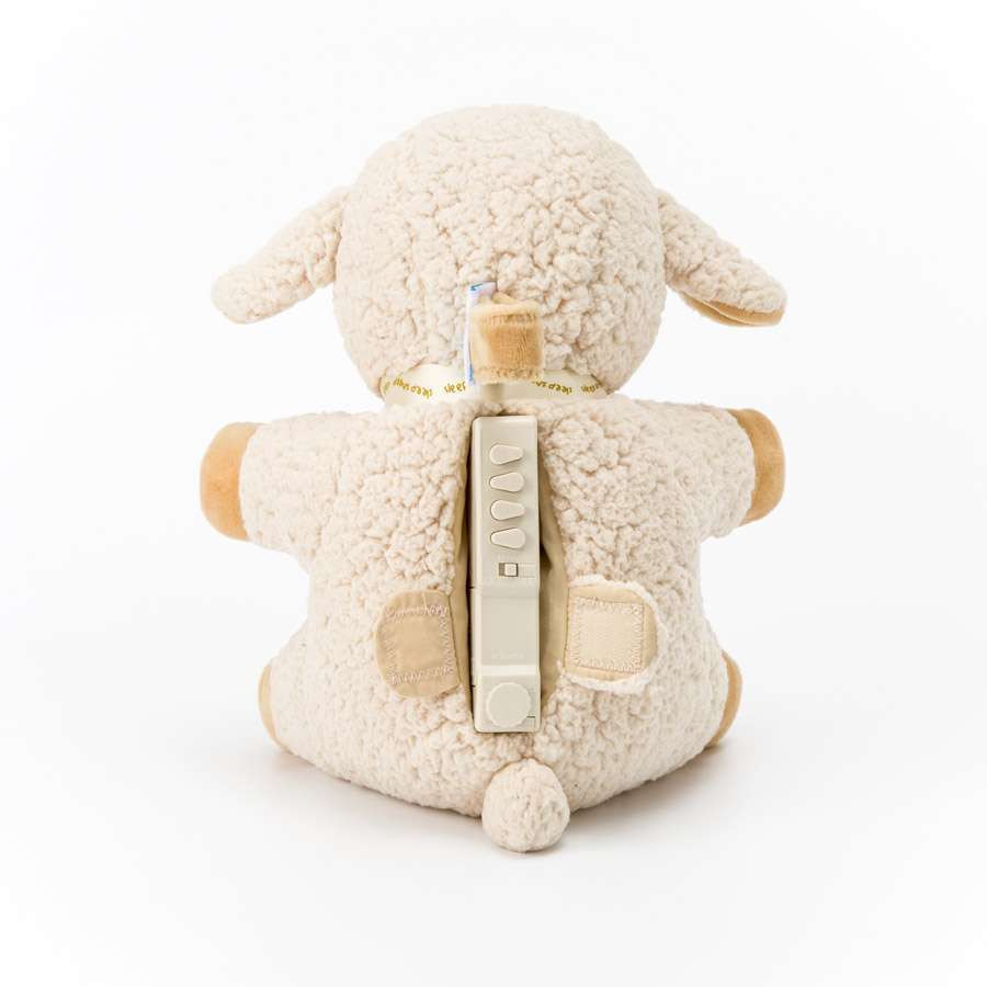 Cloud B Sleep Sheep plush with built-in sound generator, cream textured stuffed animal.