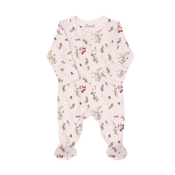 Coccoli infant zipper footie in cream with winter berries floral print; cotton TENCEL Modal blend.