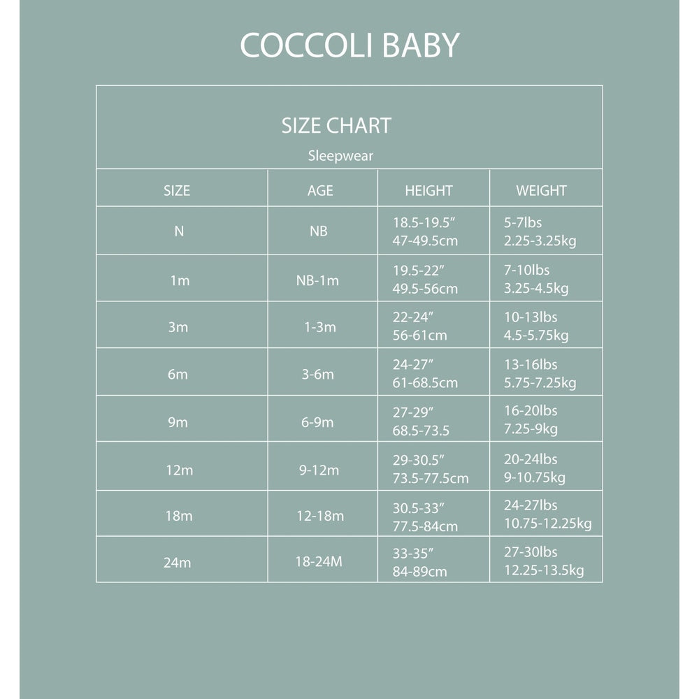 Coccoli Baby Infant Cotton TENCELTM Modal Romper in Whisper size chart infographic on teal background.