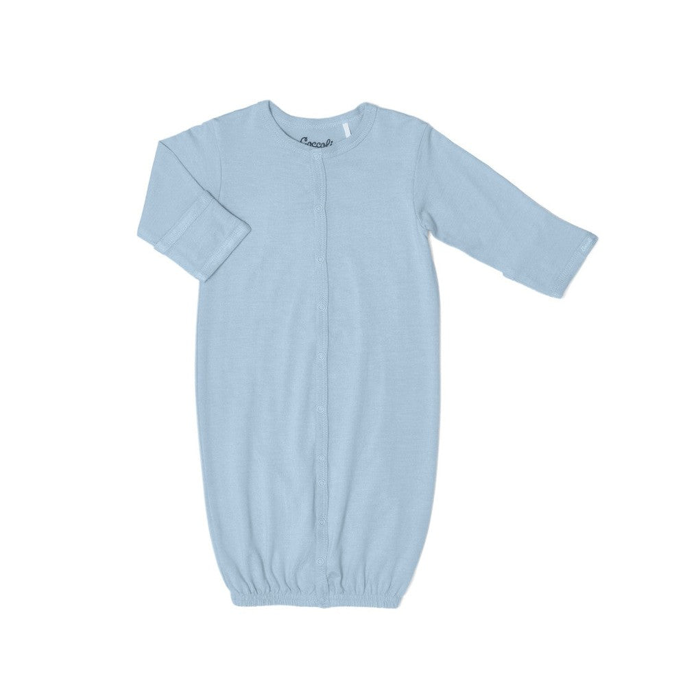 Coccoli Infant Cotton TENCELTM Modal Converter gown in steel blue, front snaps and elastic hem.