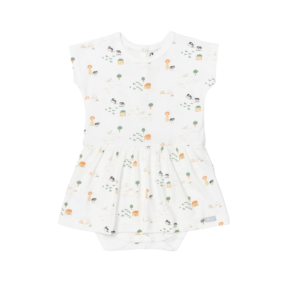 COCCOLI Infant Cotton TENCELTM Modal Romper Farm Animals On Cream, cream romper with gathered skirt and bottom snaps for easy changes.