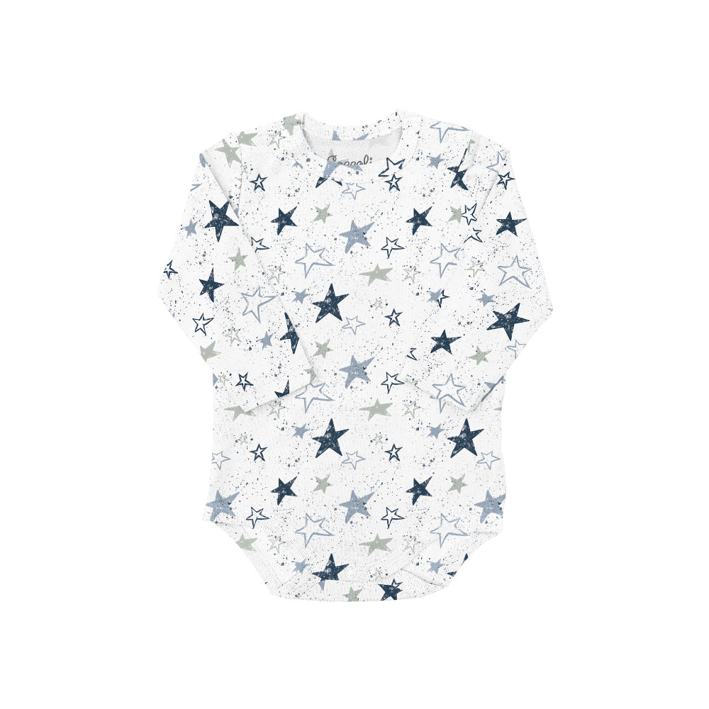 COCCOLI infant long-sleeve romper in cream with navy and grey star print; cotton TENCELTM Modal.