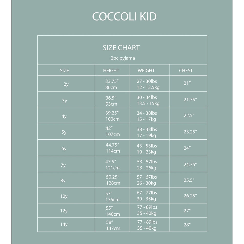 Coccoli Kid Rabbits on Mercury Long Sleeve Cotton TENCELTM Modal Pyjama Set in Teal Size Chart