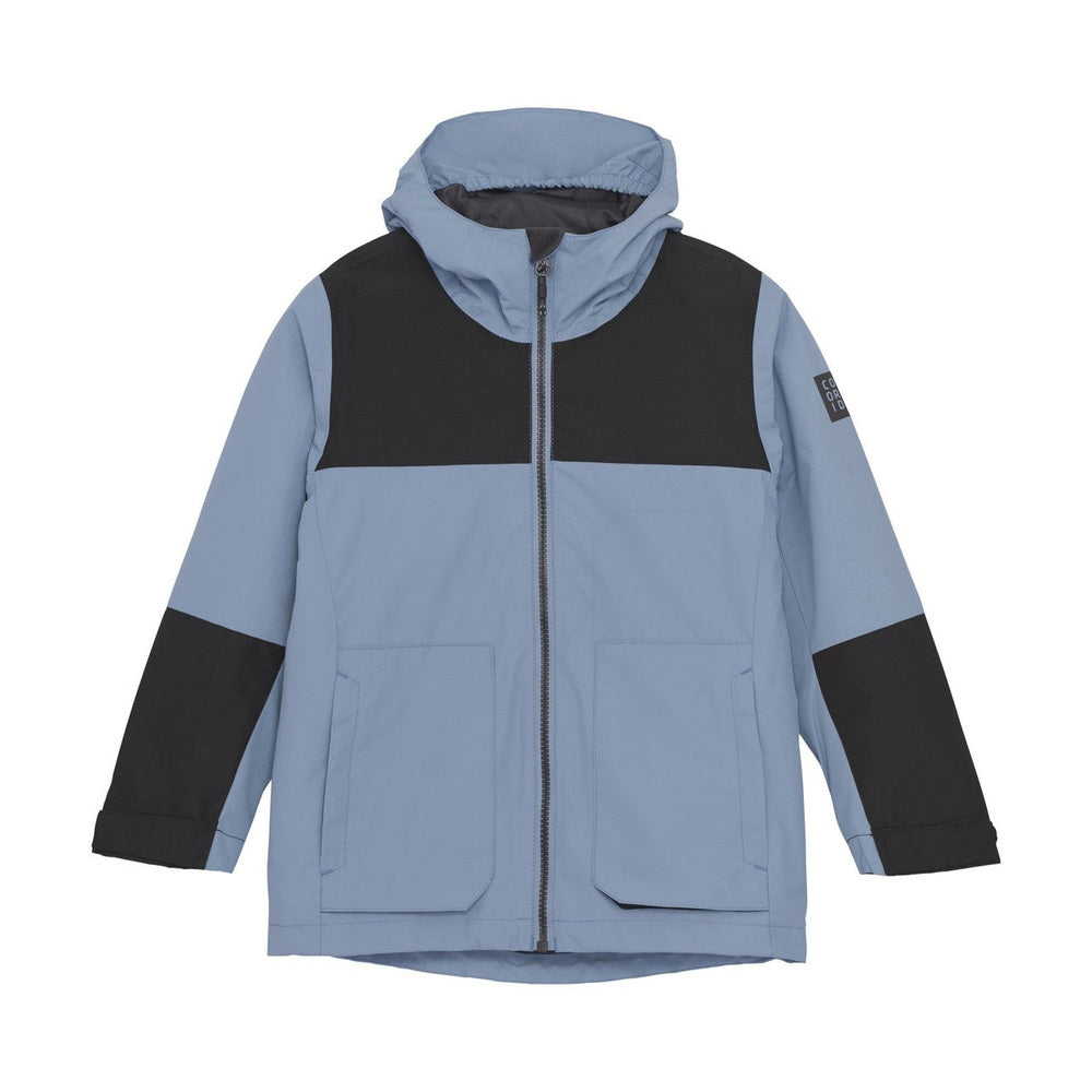 Color Kids Boy Waterproof Jacket Faded Denim blue with black yoke, zip front, hood, and two front pockets.
