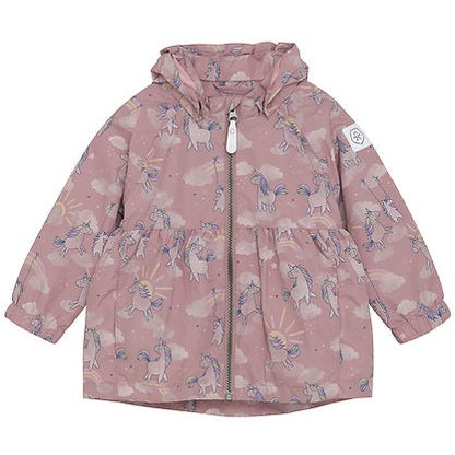 Color Kids Girls Baby Jacket Woodrose Unicorns, pink unicorn print rain coat with hood and front zipper.