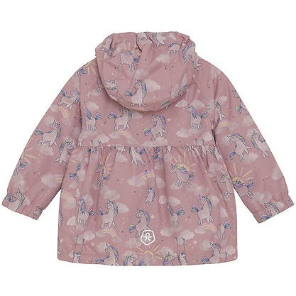 COLOR KIDS Girls Baby Jacket Woodrose unicorns rain coat in pink, back view with hood and elastic cuffs