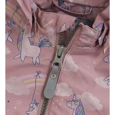 COLOR KIDS Girls Baby Jacket Woodrose Unicorns pink rain coat with a visible zipper and whimsical unicorn prints.