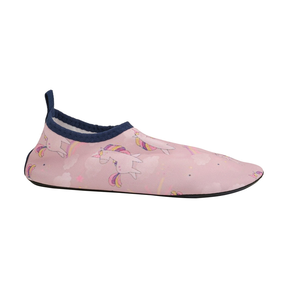 Color Kids Swim Shoes Woodrose pink unicorn-print toddler water shoes with navy trim and pull tab.