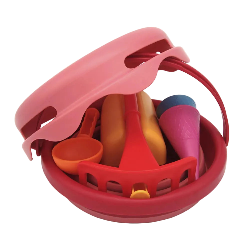 Colorful set of plastic kitchen utensils in a red carrying case on a white background