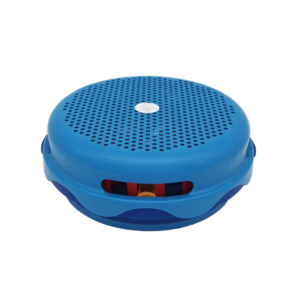 Blue round speaker with a white background