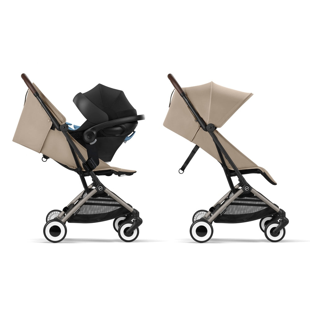 Comparison image of the Cybex Orfeo stroller shown with infant car seat and stroller seat side by side.