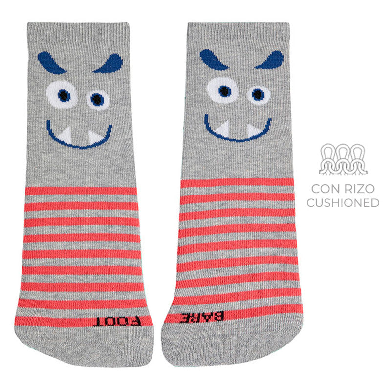 CONDOR Condor Barefoot Fancy Monster Terry Socks Aluminium coral striped lower with smiling face and ribbed cuff