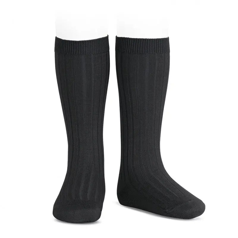Condor Basic Rib Knee High Socks, black ribbed knit pair worn on legs for everyday comfort
