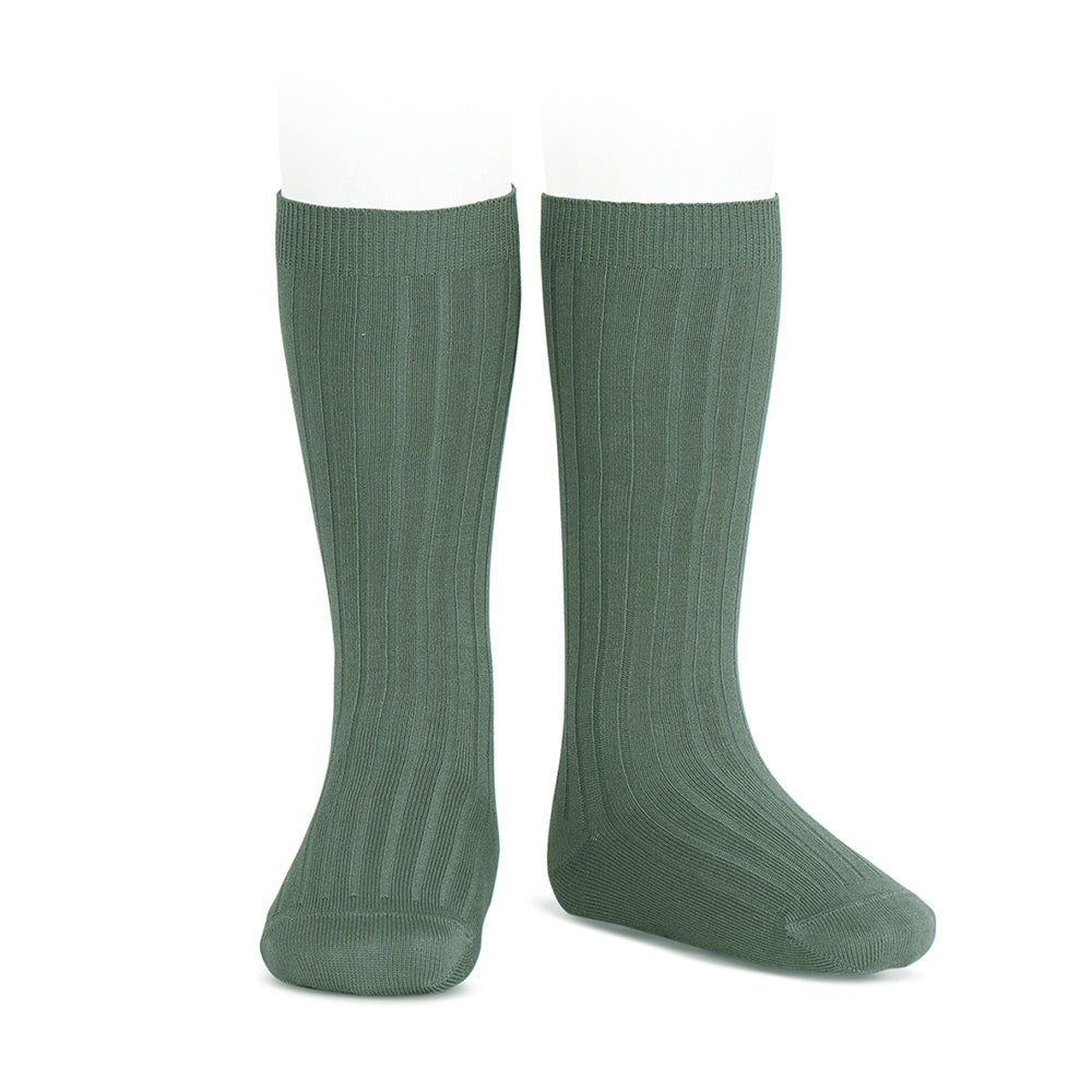 Condor Basic Rib Knee High Socks Lichen Green, two pairs shown on mannequin legs.