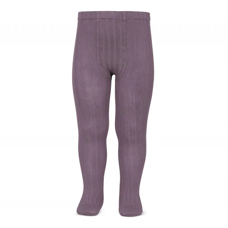 Condor Basic Rib Tights Amethyst on a baby standing in purple rib-knit hosiery.