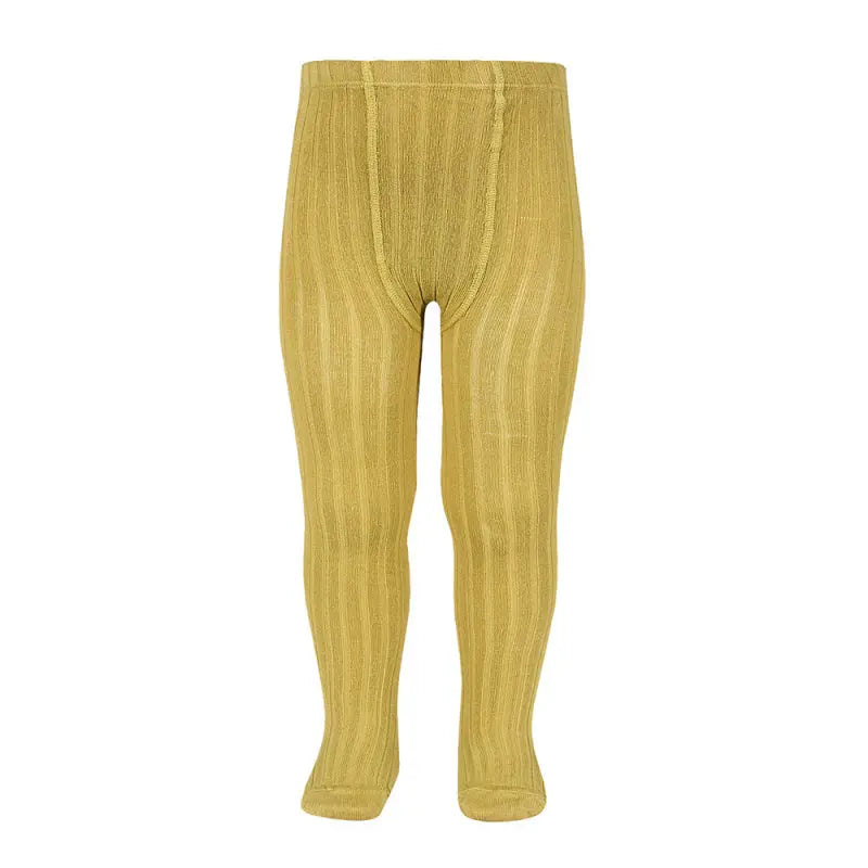 Condor Basic Rib Tights Mustard ribbed-knit hosiery laid flat to highlight texture and full-length coverage