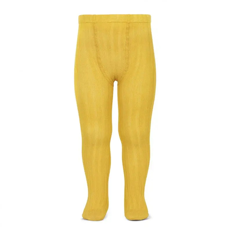 Condor Basic Rib Tights Yellow for babies, bright ribbed knit worn on baby legs.