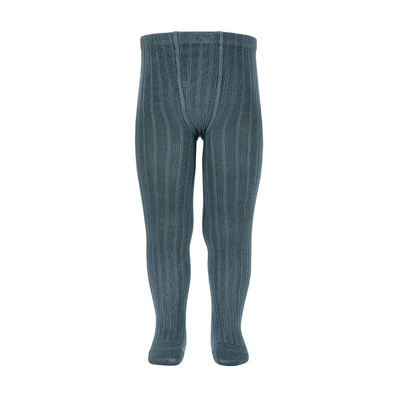 Condor Basic Rib Tights Zinc baby tights in blue ribbed knit worn on legs.