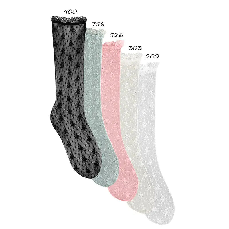 Condor Ceremony Silk Lace Knee High Tights in black, sage, pink, ivory, white; five floral lace knee-high socks on display